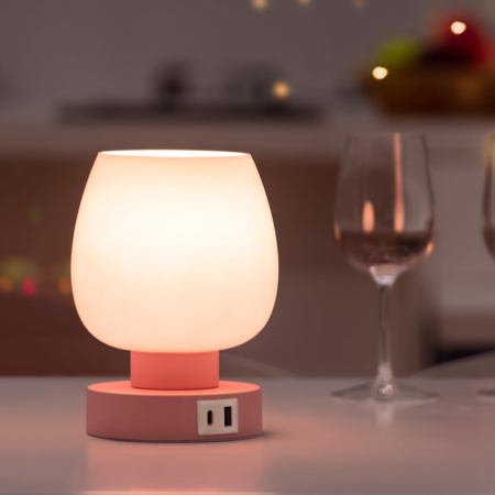 Pink touch bedside table lamp with USB A&C charging ports, three-way dimmable, nightstand desk lamp with glass lampshade, simple holiday gift